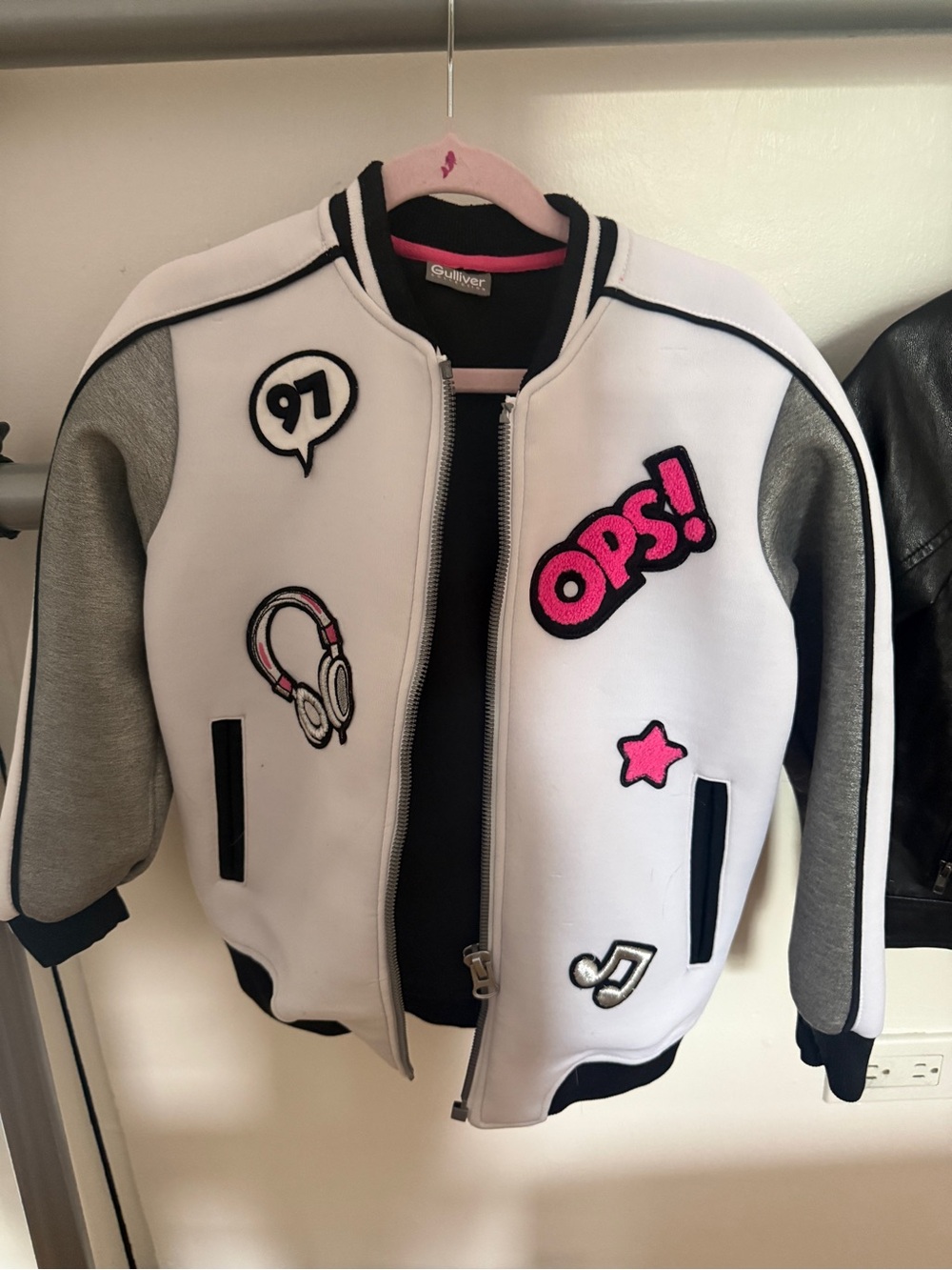 Kids White & Gray 'OPS!' Patch Bomber Jacket